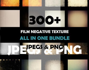 May include: A collection of film negative textures in various colors and styles. The image includes the text "300+ Film Negative Texture All in One Bundle" and "JPEGs & PNG". The textures have a vintage, distressed look.