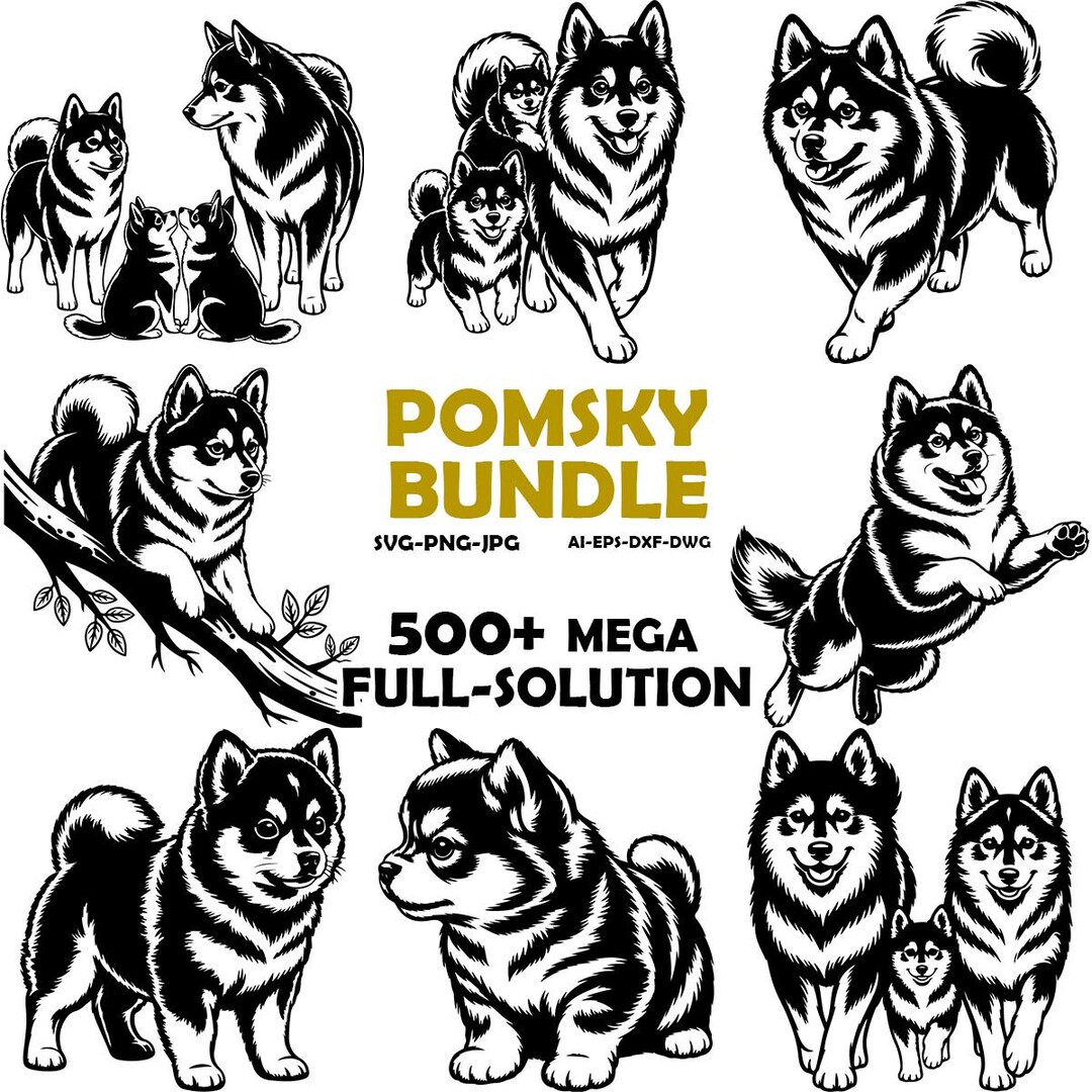 Mini Pomsky Vector Pomsky Bundle SVG, Pomeranian Husky Breed Mix Vector Art (svg, Png, Dxf ...