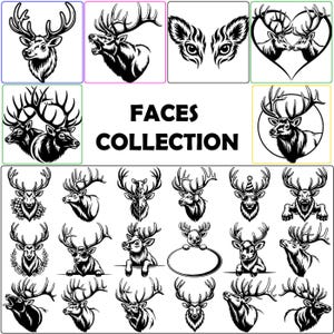 Könnte beinhalten: Eine Sammlung von Schwarz-Weiß-Illustrationen von Hirschgesichtern. Die Bilder zeigen verschiedene Hirschposen, einige mit Geweih und andere mit Accessoires wie Sonnenbrillen und Partyhüten. Der Text "FACES COLLECTION" ist zu sehen.