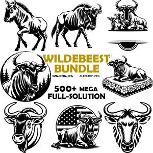 May include: A collection of black and white wildebeest illustrations. The images include full body, head, and family depictions, along with text that reads "WILDEBEEST BUNDLE" and "500+ MEGA FULL-SOLUTION". The images are suitable for various design projects.