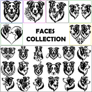 Könnte beinhalten: Eine Sammlung von schwarz-weißen Illustrationen von Border Collie-Gesichtern. Die Bilder zeigen verschiedene Posen, lächelnd oder mit Accessoires. Der Text "FACES COLLECTION" ist in fetter, schwarzer Schrift dargestellt.