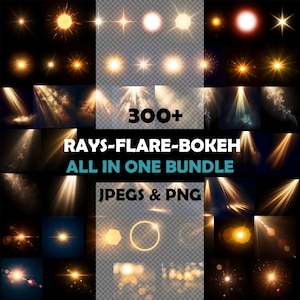 May include: A collection of digital graphics featuring various light effects, including flares, rays, and bokeh. The image showcases a variety of designs, with the text "300+ RAYS-FLARE-BOKEH ALL IN ONE BUNDLE" and "JPEGS & PNG" displayed prominently.