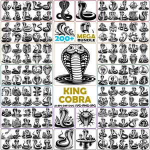May include: A digital collection of over 200 black and white king cobra illustrations featuring various poses, settings, and artistic styles. The central graphic displays a large cobra rising from water with the text 200+ MEGA BUNDLE KING COBRA.