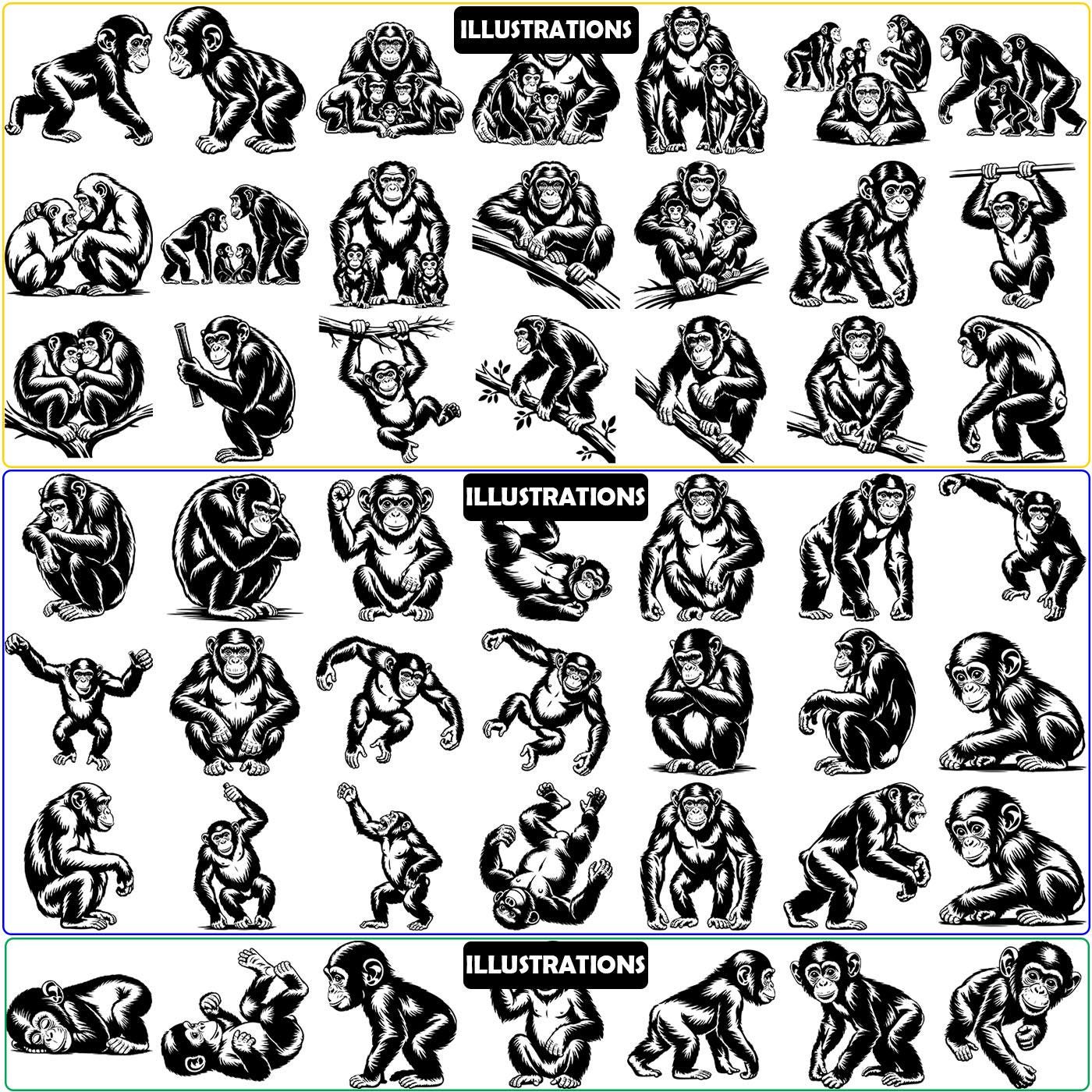 Chimpanzee Bundle SVG Clipart: Wild Animal Vector Graphics (ai, Eps ...
