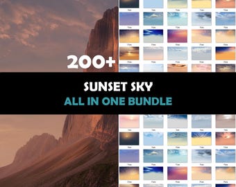 May include: A digital art bundle featuring over 200 sunset sky images. The images showcase various sunset scenes with different cloud formations and colors. The text "Sunset Sky All in One Bundle" is displayed on a black background.