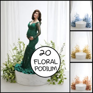 Pode incluir: Uma mulher em um vestido verde com lantejoulas está em um pódio floral de mármore. A imagem inclui três pódios adicionais com arranjos florais azuis, dourados e pêssego. O texto na imagem diz "20 FLORAL PODIUM".