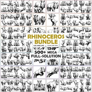 May include: A digital art bundle featuring over 500 rhinoceros illustrations in various poses and styles. The images are in black and white and include the text "RHINOCEROS BUNDLE" and "500+ MEGA FULL-SOLUTION". Formats include SVG, PNG, JPG, AI, EPS, and DXF.