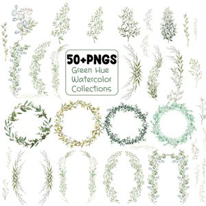 Könnte beinhalten: Eine Sammlung von botanischen Aquarellelementen in verschiedenen Grüntönen. Das Bild zeigt Kränze, Girlanden und einzelne Zweige mit dem Text "50+ PNGS Green Hue Watercolor Collections".