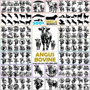 May include: A digital collection of over 500 black and white cow illustrations, featuring various poses, silhouettes, and circular designs. The central graphic displays a cow with two calves, labeled with the text 500+ MEGA BUNDLE and ANGUS BOVINE.