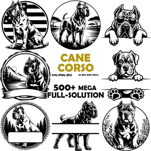 May include: A collection of black and white digital illustrations featuring Cane Corso dogs in various poses, including circular frames with American flags, landscapes, and floral motifs, alongside text reading CANE CORSO 500+ MEGA FULL-SOLUTION.