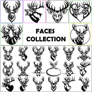 May include: A collection of black and white deer illustrations featuring various stag heads, some with antlers, flowers, sunglasses, or party hats, arranged in a grid with the text FACES COLLECTION centered in the middle of the image.