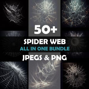 Puede incluir: Un paquete de arte digital con más de 50 diseños de telarañas. La imagen presenta diversas ilustraciones de telarañas sobre diferentes fondos, incluyendo negro y transparente. El texto dice "50+ Spider Web All in One Bundle JPEGs & PNG."