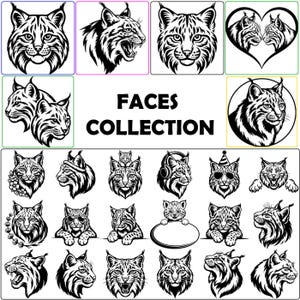 May include: A collection of black and white lynx illustrations featuring various expressions and poses, including lynx heads, lynx in a heart, and lynx with accessories like headphones and sunglasses, with the text FACES COLLECTION in the center.