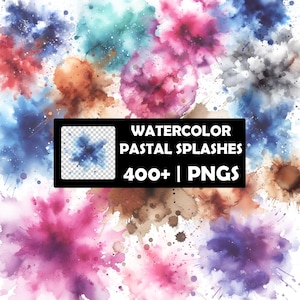May include: A collection of watercolor pastel splashes in various colors, including pink, blue, orange, and purple. The image includes the text "WATERCOLOR PASTEL SPLASHES 400+ | PNGS" in a black rectangle.