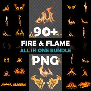 May include: A collection of over 90 fire and flame PNG images in various shapes and sizes. The images are in shades of orange and yellow against a black and transparent background. Text reads "FIRE & FLAME ALL IN ONE BUNDLE PNG".