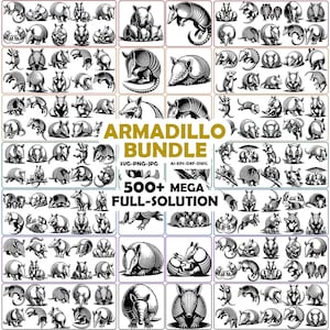 May include: A collection of black and white armadillo illustrations in various poses. The image includes the text "ARMADILLO BUNDLE" and "500+ MEGA FULL-SOLUTION". The illustrations are in SVG, PNG, JPG, AI, EPS, and DXF formats.