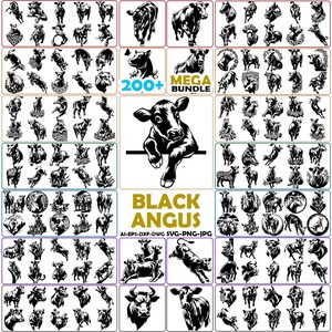 May include: A digital collection of over 200 black and white illustrations featuring Black Angus cattle in various poses, including standing, grazing, and jumping, with the text 200+ MEGA BUNDLE and BLACK ANGUS displayed in the center.