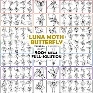 May include: A grid of black and white illustrations of moths and butterflies. The image includes the text "LUNA MOTH BUTTERFLY" and "500+ MEGA FULL-SOLUTION". The illustrations vary in size and detail, showcasing different species.