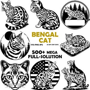 Puede incluir: Una colección de ilustraciones en blanco y negro de gatos bengalíes en varias poses. Las imágenes incluyen un gato sentado, acostado y la cara de un gato. El texto dice "BENGAL CAT" y "500+ MEGA FULL-SOLUTION".