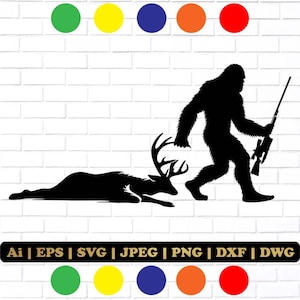 Bigfoot Sasquatch Yeti Riffle Buck Deer Jagd Weißwedel-Silhouette Laser geschnitten Datei svg, Sasquatch Hirsch jagen svg