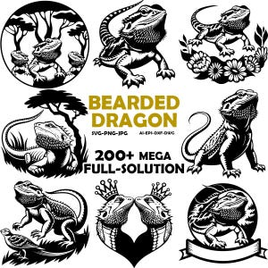 May include: Black and white digital art featuring various stylized bearded dragon designs. The designs include dragons in different poses, some with crowns, and surrounded by floral or natural elements. Text reads "BEARDED DRAGON" and "200+ MEGA FULL-SOLUTION".
