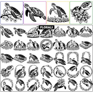 May include: A collection of black and white digital illustrations featuring sea turtles in various poses, often surrounded by floral elements, wreaths, and natural settings. The image includes a label with the text FLORALS at the top centre.