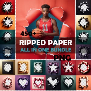 Puede incluir: Un joven con una camiseta de baloncesto roja sosteniendo un balón, enmarcado por un fondo de papel rojo rasgado. La imagen presenta una colección de diseños de papel rasgado en varios colores y formas, con el texto "450+ RIPPED PAPER ALL IN ONE BUNDLE PNG".