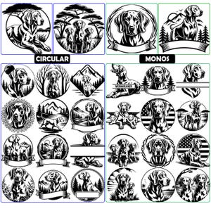 Puede incluir: Una colección de ilustraciones gráficas en blanco y negro que presentan perros Weimaraner en varios marcos circulares y rectangulares. Los diseños incluyen perros en paisajes naturales, con montañas, árboles y banderas, algunos con cintas.