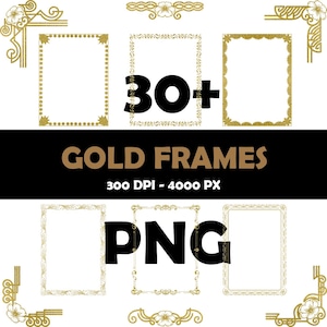 Puede incluir: Imagen que muestra una colección de marcos dorados en varios diseños. La imagen incluye el texto "30+", "GOLD FRAMES", "300 DPI - 4000 PX" y "PNG". Los marcos son de diferentes formas y estilos, con elementos decorativos.