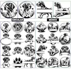 Könnte beinhalten: Eine Sammlung von schwarz-weißen grafischen Illustrationen mit verschiedenen Hundemotiven, darunter kreisförmige Porträts, Hunde mit Namensbannern und Pfotenabdrücke, unterteilt in die Kategorien CIRCULAR und MONOS.