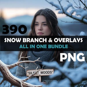 May include: A winter scene with a woman in a snowy landscape. Text reads "390 SNOW BRANCH & OVERLAYS ALL IN ONE BUNDLE PNG". A wooden sign in the foreground says "SILENT WOODS". The image has a cold, wintry feel.