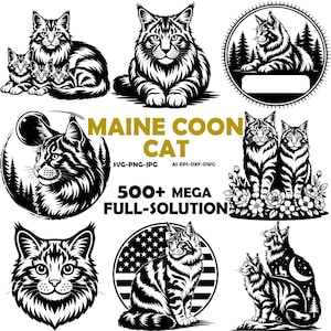 Maine Coon SVG Bundle - 96 Cut Files - American Native Cat - Gentle Giant - Long Fur Breed - Sublimation and Cricut Ready Designs