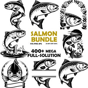 May include: A collection of black and white salmon illustrations in various poses, including jumping and swimming. The text "SALMON BUNDLE" and "400+ MEGA FULL-SOLUTION" are also present. Ideal for fishing enthusiasts and graphic designers.