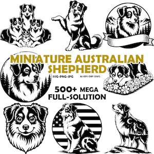 May include: A selection of black and white illustrations featuring Miniature Australian Shepherds. The images depict dogs in different poses, including a family group, a dog with a raised paw, and a dog within a circular design. Text includes "MINIATURE AUSTRALIAN SHEPHERD".