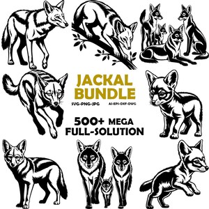 Paquete de imágenes SVG de chacales, imágenes prediseñadas dibujadas a mano, imágenes PNG de chacales aullando, arte de grabado.