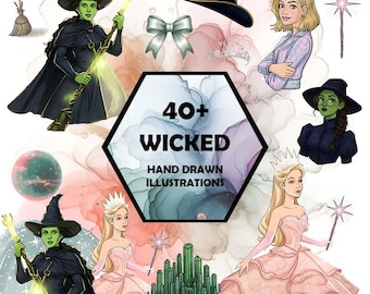 Wicked Clipart: Emerald City, Elphaba, Glinda, Handritad PNG SVG (Digital)