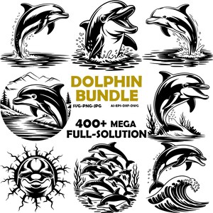 Könnte beinhalten: Eine schwarz-weiße Delfin-Bundle-Grafik mit verschiedenen Delfin-Illustrationen. Der Text "DOLPHIN BUNDLE" und "400+ MEGA FULL-SOLUTION" sind enthalten. Die Bilder zeigen Delfine, die aus dem Wasser springen und schwimmen.