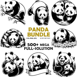 Könnte beinhalten: Eine Sammlung von Schwarz-Weiß-Illustrationen von Panda-Bären. Das Bild zeigt verschiedene Panda-Designs, einige mit Bambus, Blumen und Berglandschaften. Der Text lautet "Panda Bundle" und "500+ Mega Full-Solution".