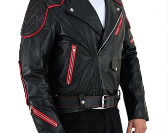 Men’s Real Cowhide Leather Biker Jacket - Quilted Sleeves & Back  Red Accent Motorcycle Jacket