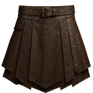 Puede incluir: Una falda de cuero marrón con cinturón ancho y hebilla. La falda presenta pliegues, remaches decorativos y un diseño en capas. El cinturón tiene una hebilla dorada. La falda es de estilo minifalda.