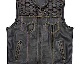 Men’s Leather Vest Genuine Cowhide Biker Vest Handmade Motorcycle Waistcoat Black Custom Size