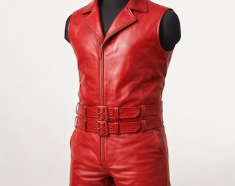 Mono de cuero rojo para mujer – Mono de cuero auténtico con cremallera frontal, body sexy