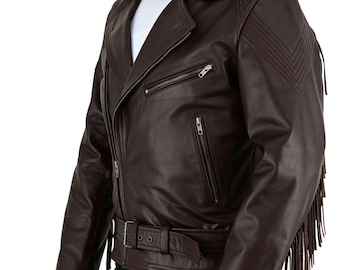 Men’s Genuine Cowhide Leather Biker Jacket with Fringed Sleeves & Back Quilted Panels