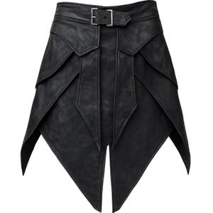 May include: A black leather skirt with a unique layered design. The skirt features a buckle closure at the waist and a series of overlapping panels that create a geometric, asymmetrical hemline. The skirt's texture appears smooth and the overall style is edgy.