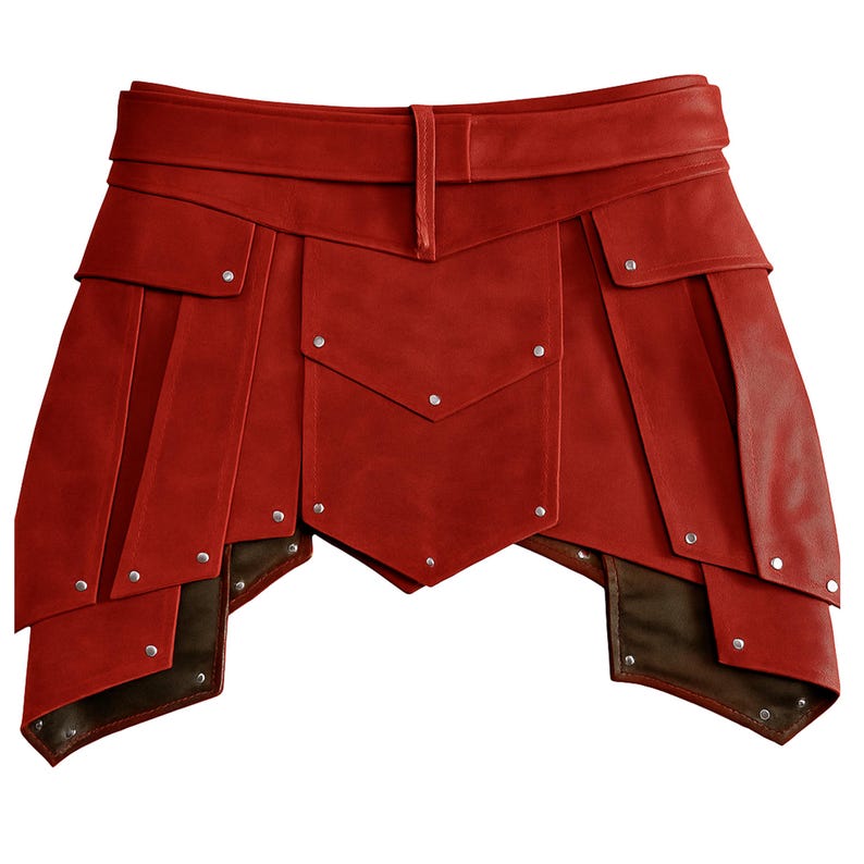 Op de afbeelding: Rode leren rok met gelaagde panelen en zilveren klinknagels. De rok heeft een brede riem met een gesp. Het ontwerp omvat meerdere zakken en een asymmetrische zoom. Dit kledingstuk is geschikt voor cosplay of kostuums.