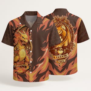May include: A short-sleeve button-down shirt featuring a brown and orange color palette with a repeating hexagonal pattern. The design displays a dragon-like creature, a circular emblem, and a banner with the text I CHOOSE FIRE.