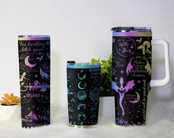 Vaso ACOTAR / Taza Velaris Ciudad de la Luz Estelar / Vaso Dragón / Vaso de café de acero inoxidable con tapa / Regalos para amantes de la fantasía y la literatura