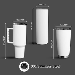 May include: Three white stainless steel tumblers of different sizes are displayed against a dark background. The largest has a handle and measures 27 inches tall. The middle one is 9.45 inches tall, and the smallest is 6.69 inches tall.