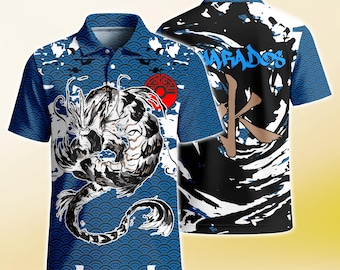 Camiseta polo Gyarados tipo agua, arte japonés en tinta, polo con cremallera Ocean Dragon, polo unisex con botones, atuendo de verano, regalos de Gyarados