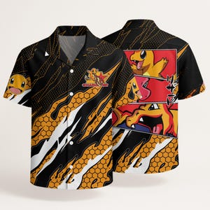 May include: A short-sleeve button-down shirt featuring a black and orange color scheme with a repeating hexagonal pattern. The design includes graphic illustrations of the character Charmander, a red star logo, and Japanese text characters.